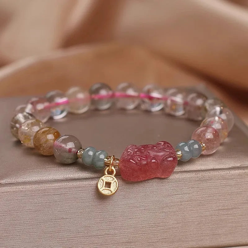 Coloured hair crystal bracelet with cat's paw and butterfly charms in Korean unisex style