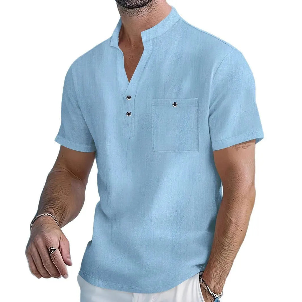 Men's loose fit stand collar t-shirt in linen blend fabric, shown in light blue colour.