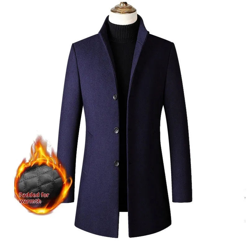 Men's single-breasted stand collar coat in solid colour with side pockets, wool-blend fabric, available in multiple colours and sizes