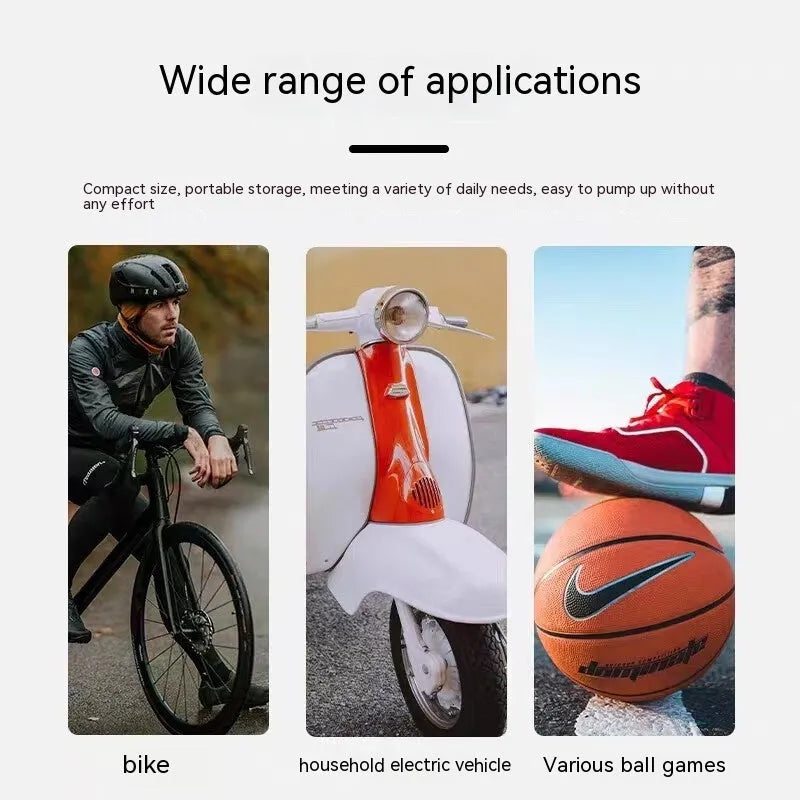 Compact black electric bike pump with USB-C port shown next to bicycle tyre and included air needles.