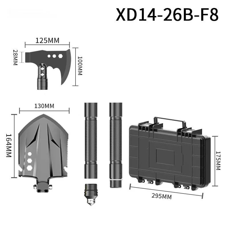 Black multifunctional military shovel hammer set with axe head and knife, 80cm long, with accessories laid out next to suitcase.