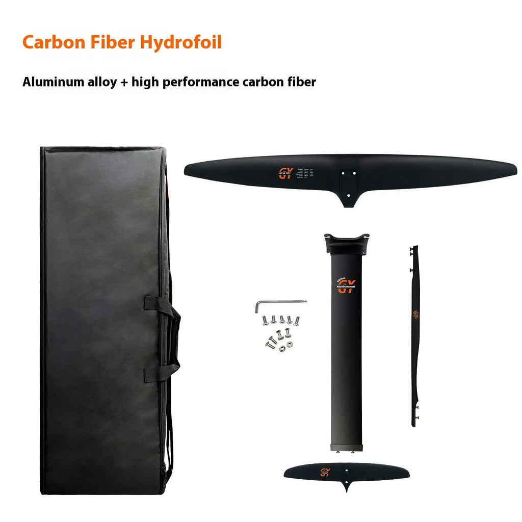 Black carbon fibre racing hydrofoil for surfboards with aluminium components
