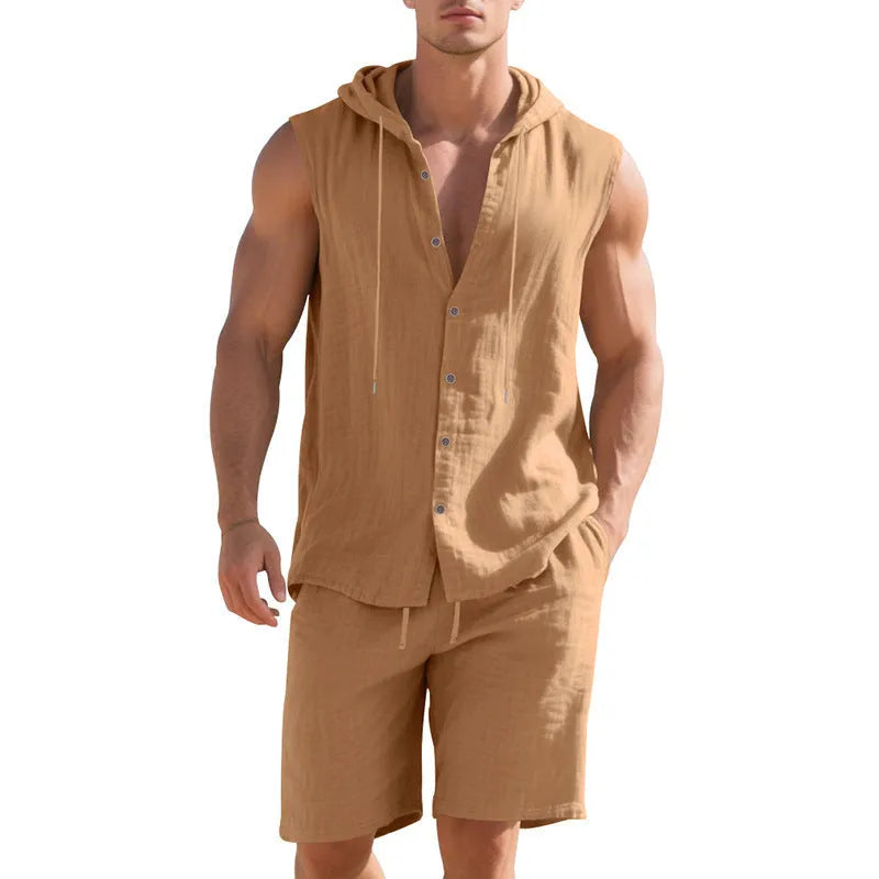 Men's sleeveless linen shirt and matching shorts suit set in light khaki colour