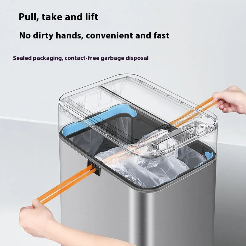 Stainless steel automatic sensor touchless trash can with deodorant and square bucket shape.