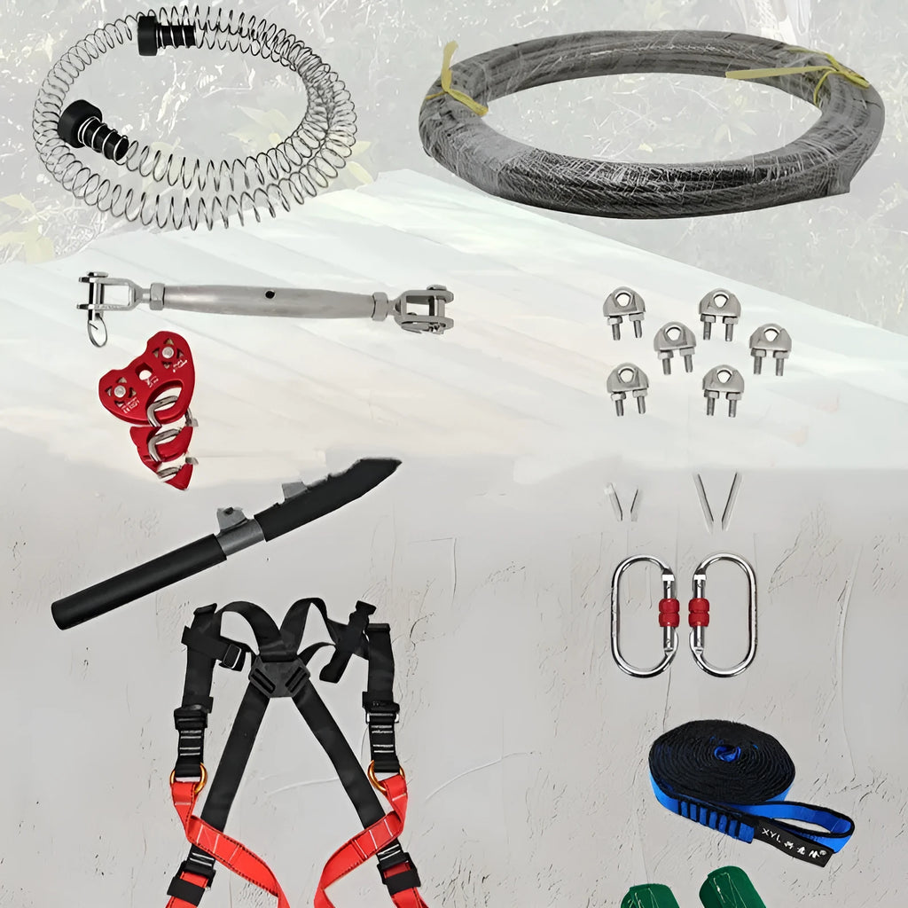XYL Ziptreck pulley slide rope system with alloy steel components and safety harness