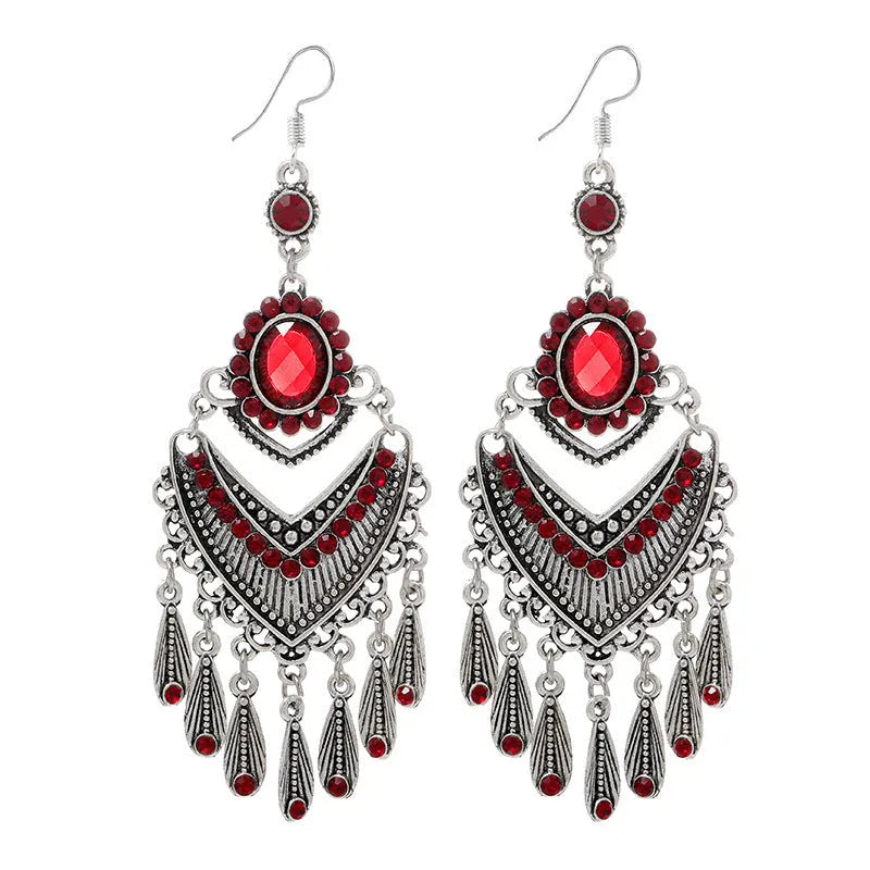 Purple retro crystal long fringe drop earrings with ethnic style details on an alloy base.