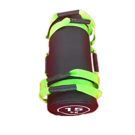 Flat white PVC fitness sandbag for weight training on a gym floor.
