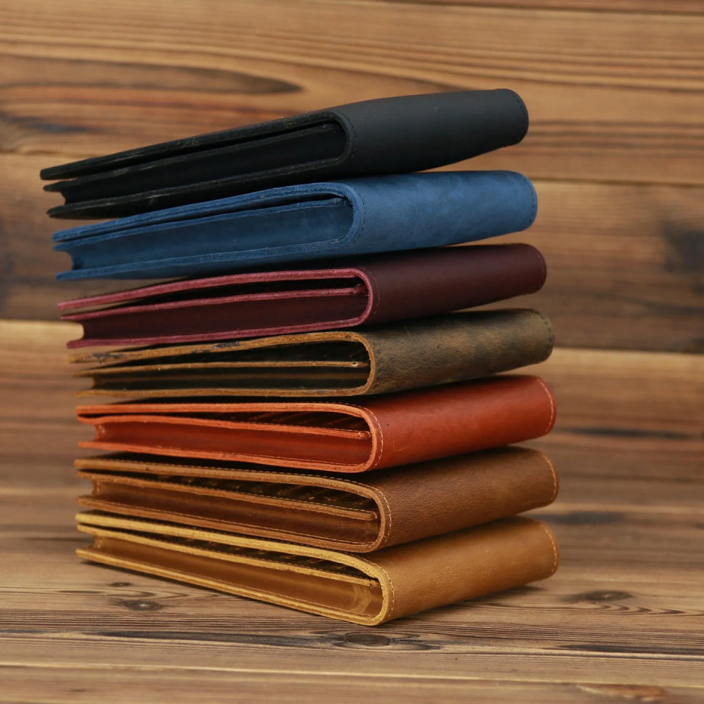 Men's long leather card wallet in crazy horse hide with 18 card slots and a phone compartment.