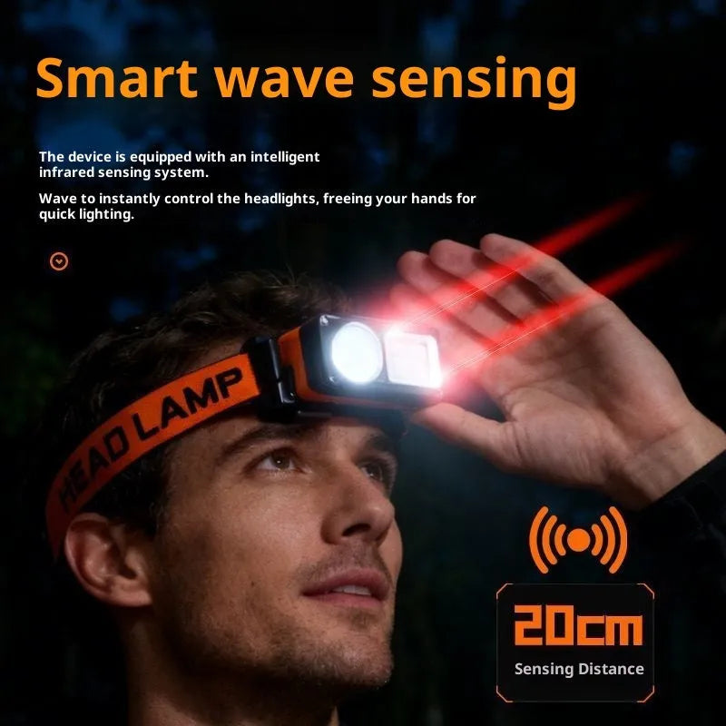 Waterproof rechargeable multi-functional sensor headlight for outdoor activities on a person's head
