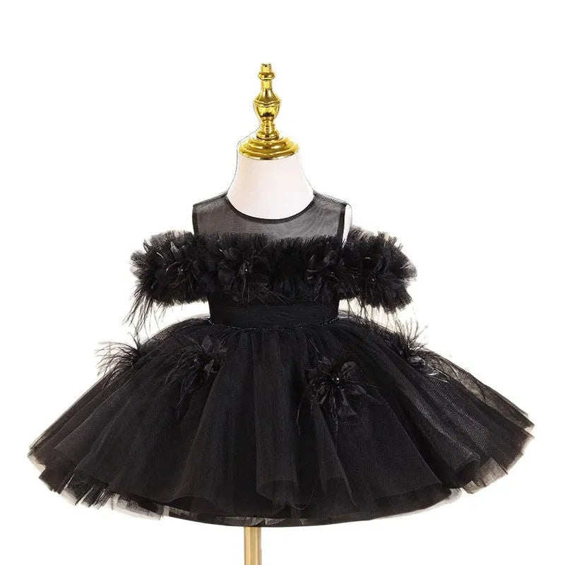Black polyester girls evening dress princess style catwalk performance height 80-150cm