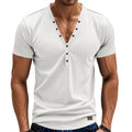 Men's loose fit V-neck pullover top with button design in light blue colour