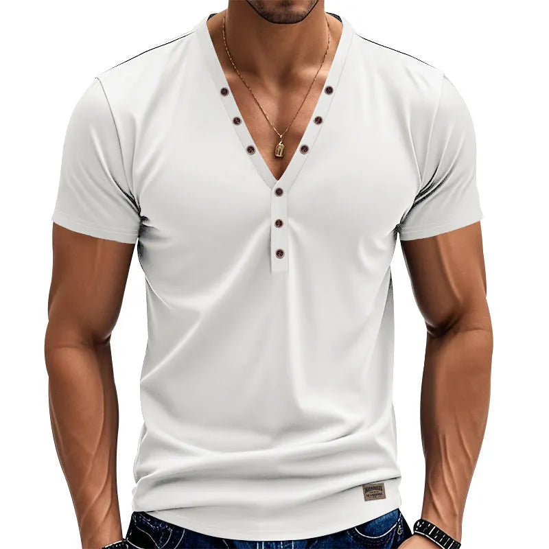 Men's loose fit V-neck pullover top with button design in light blue colour