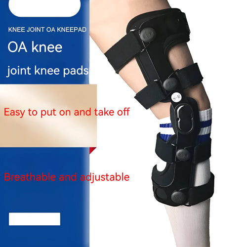 Black anterior ligament knee pad with metal stabiliser showing sandwich construction and sizing options