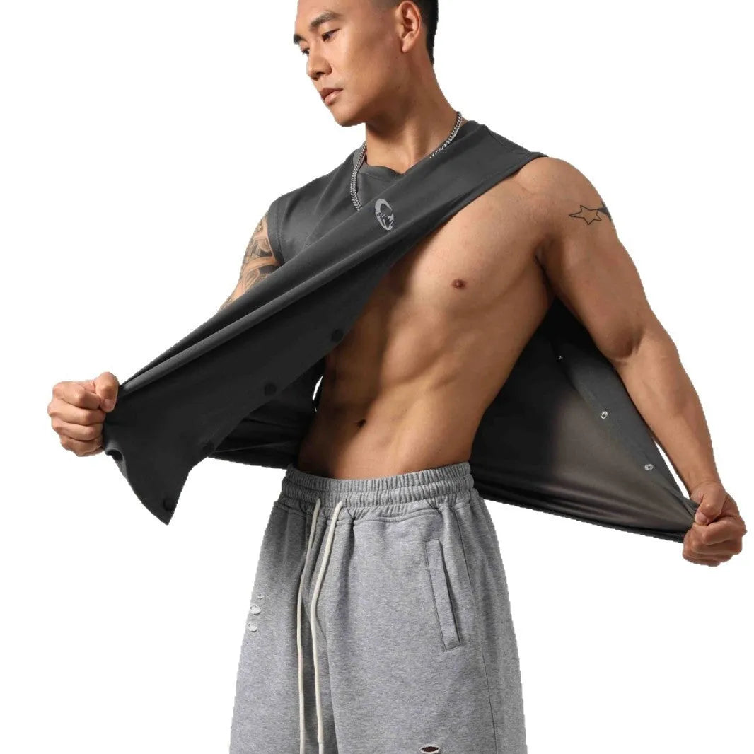 Men's Korean style cotton fitness vest with sides opening and hidden hook design