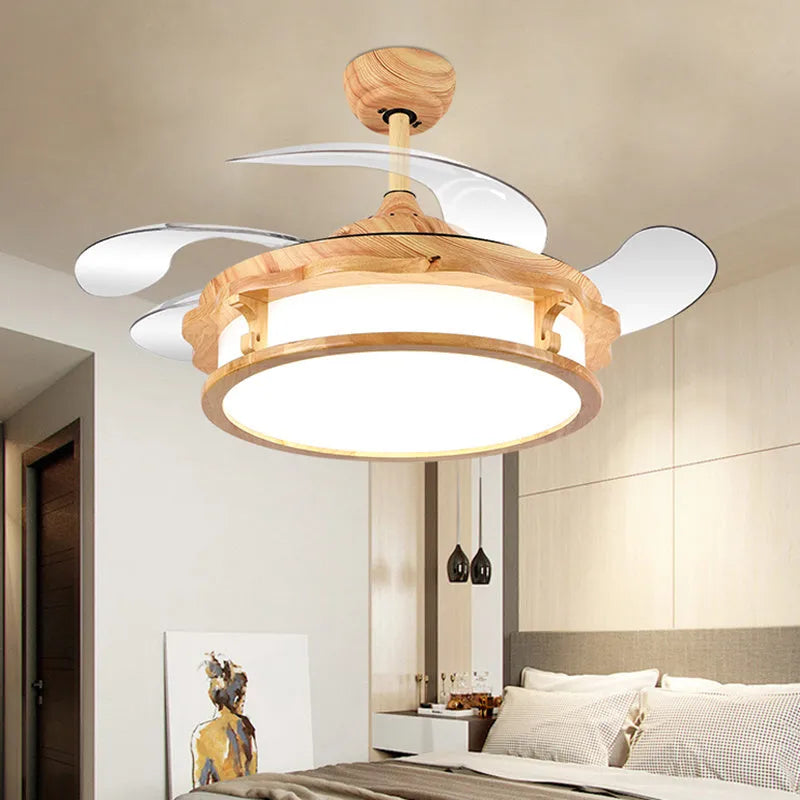 Japanese invisible ceiling fan lamp with wood lampshade, ABS blades, beige or yellow, 42 or 48 inch, 220V