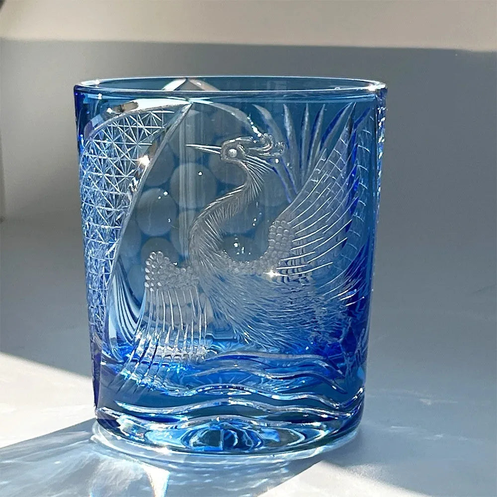Sky blue hand carved crystal glass whiskey shot glass, 90 x 100mm, 301-400ml capacity, simple modern style