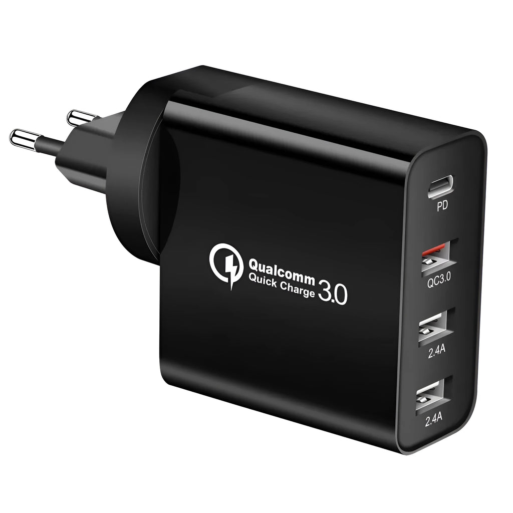 White multi-port USB fast charger with PD and QC support plugged into a wall socket.