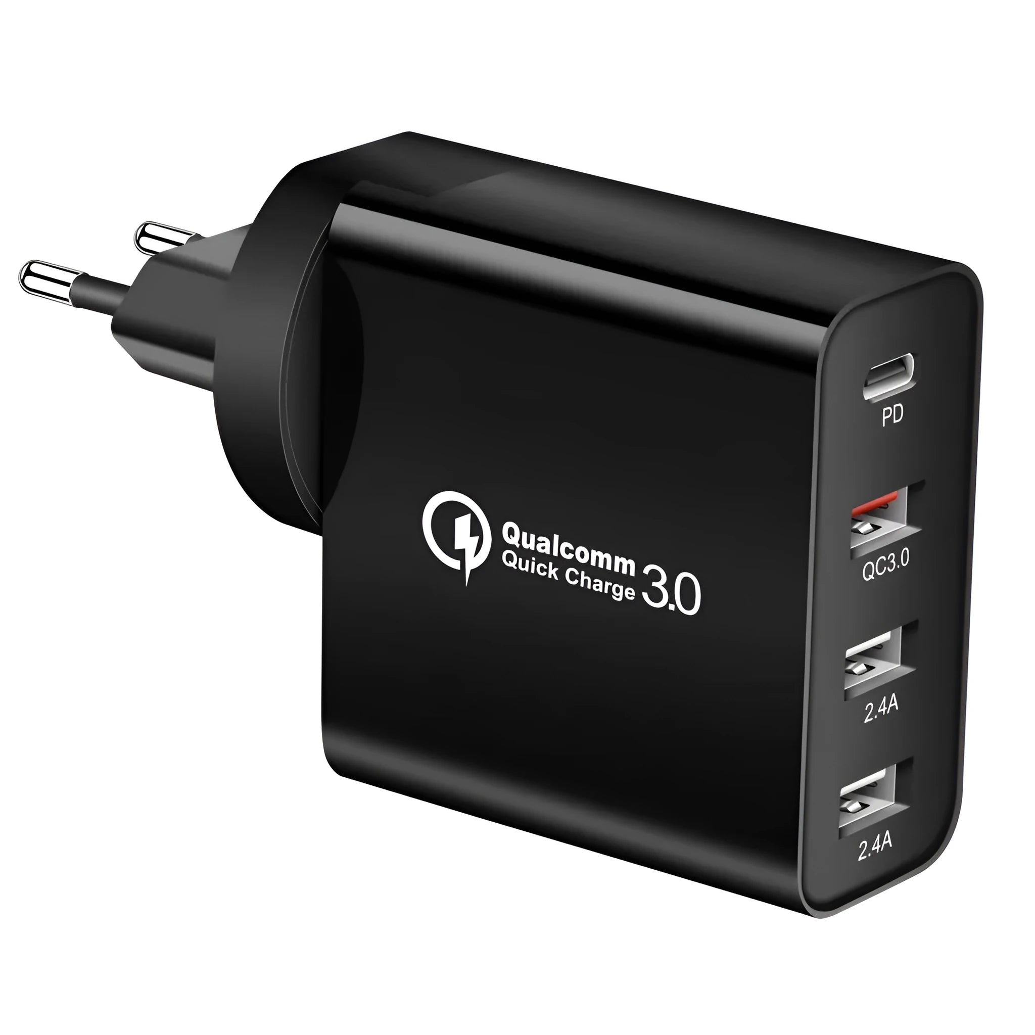 White multi-port USB fast charger with PD and QC support plugged into a wall socket.
