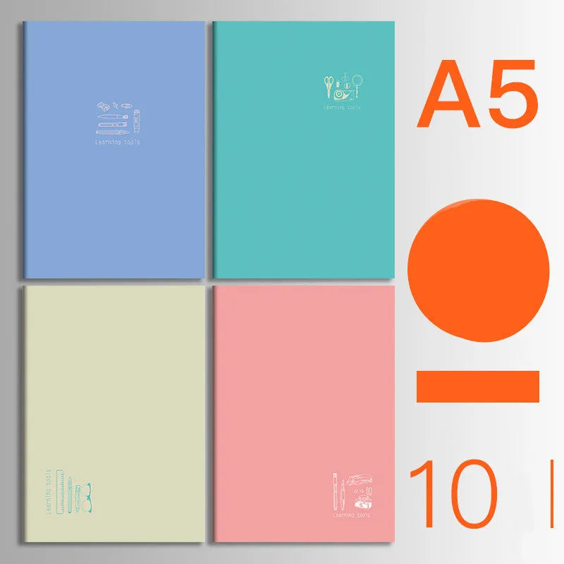 Set of 10 kraft paper notebooks with various hand-painted covers, shown open to display thread binding.