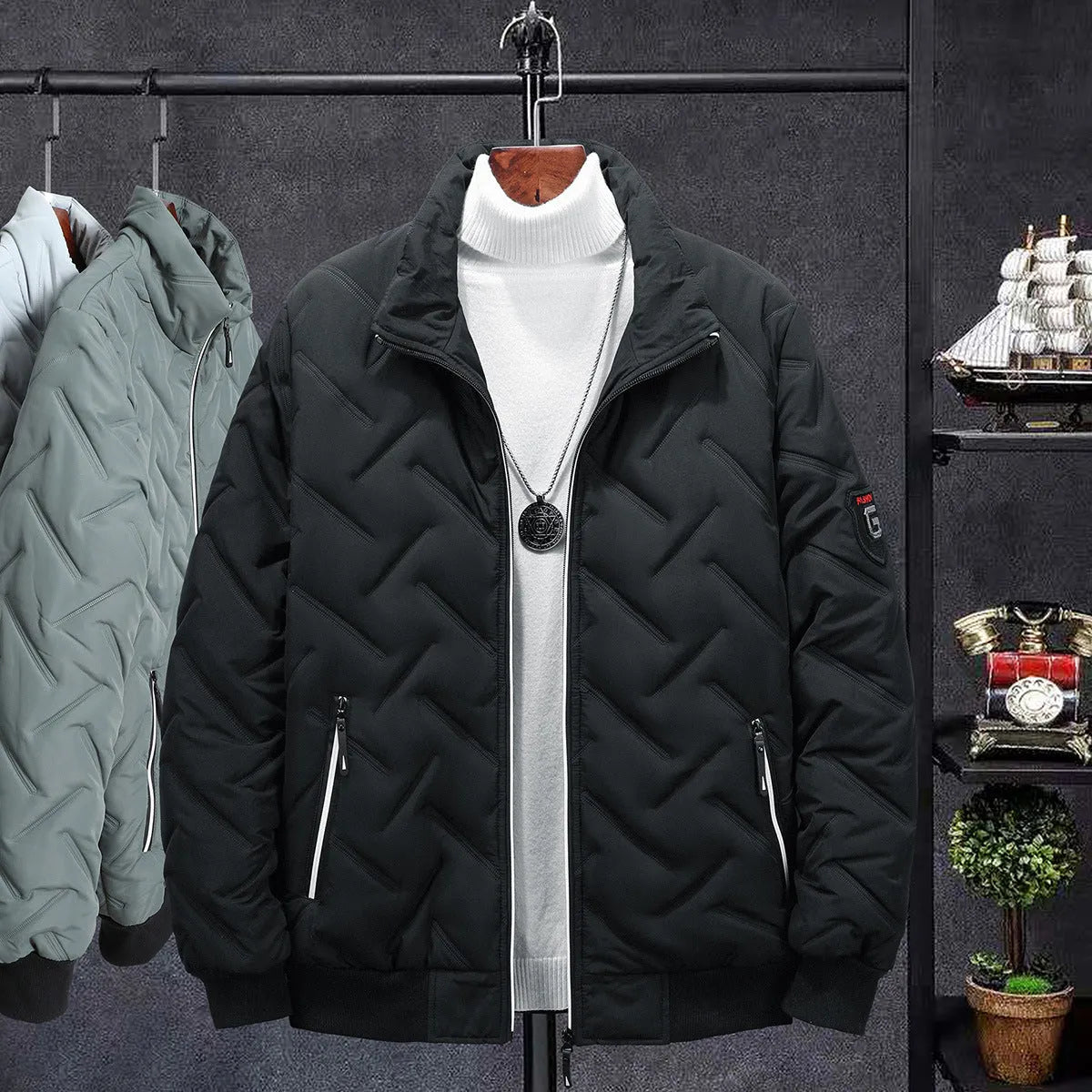 Men's short cotton-padded coat with stand collar, gray, black, bean green, sizes L-5XL