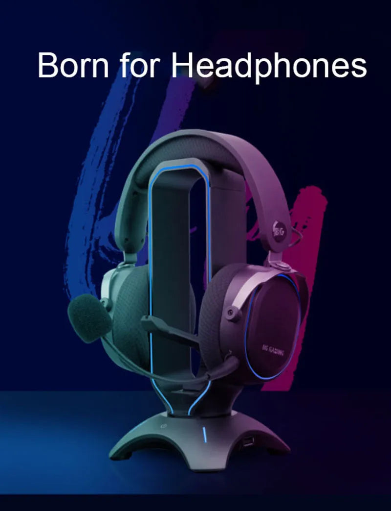 RGB gaming headphone stand in black with headset, measures 252.5x128.5x128.5mm