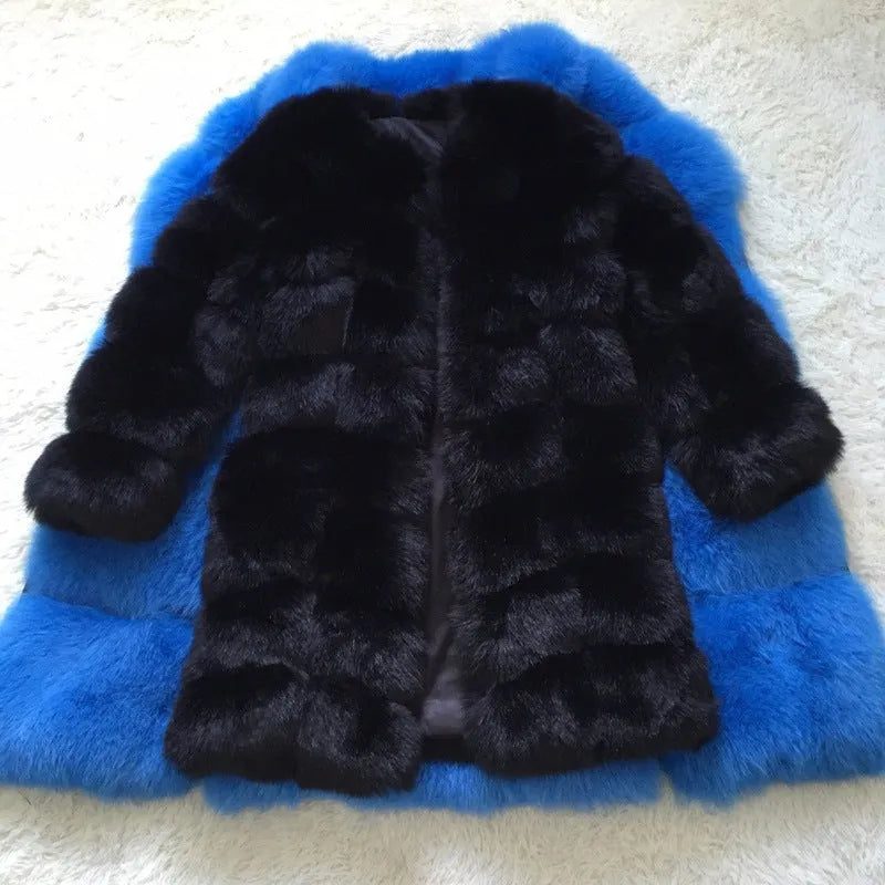 Women's long artificial fur coat in dark camel colour with regular sleeves.