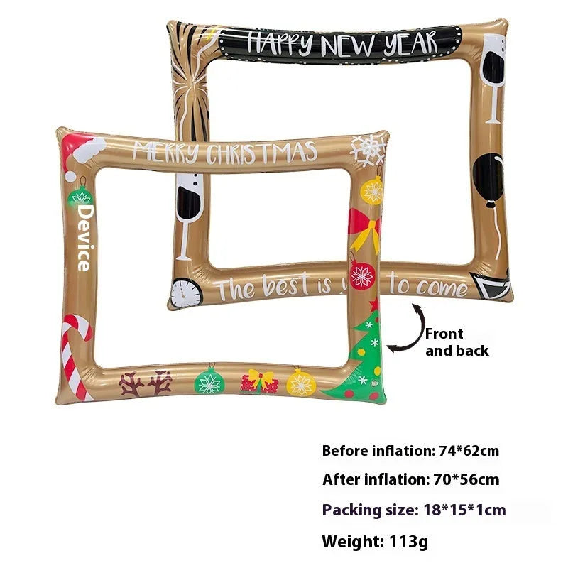 Red and green Christmas-themed inflatable photo frame held by a person.