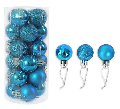 Assortment of 3cm diameter shiny matte plastic Christmas baubles in gold, red, silver, blue, and pink colours.