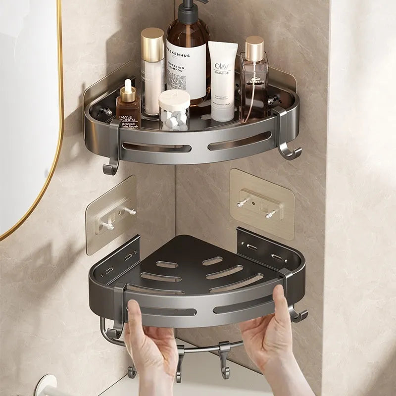 Gun grey corner-mounted bathroom rack with triangle basket design and punch-free wall mounting