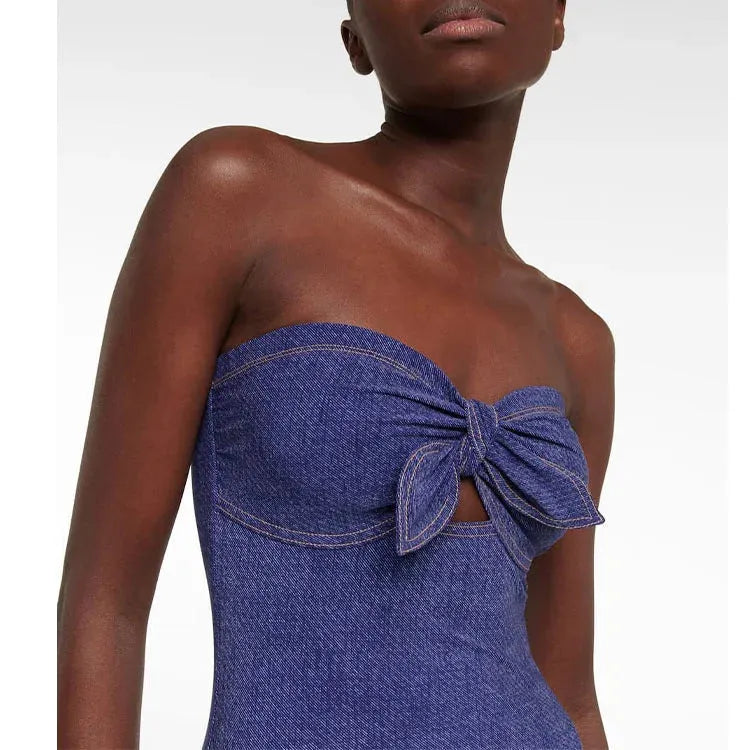 Women's denim colour vintage one-piece swimsuit with separate skirt for beach holidays