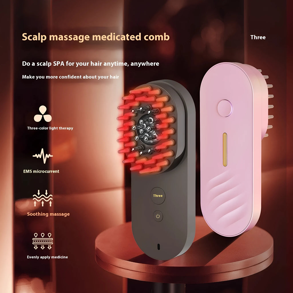 Smart massage comb with red LED lights in pink and black colour options showing compact design