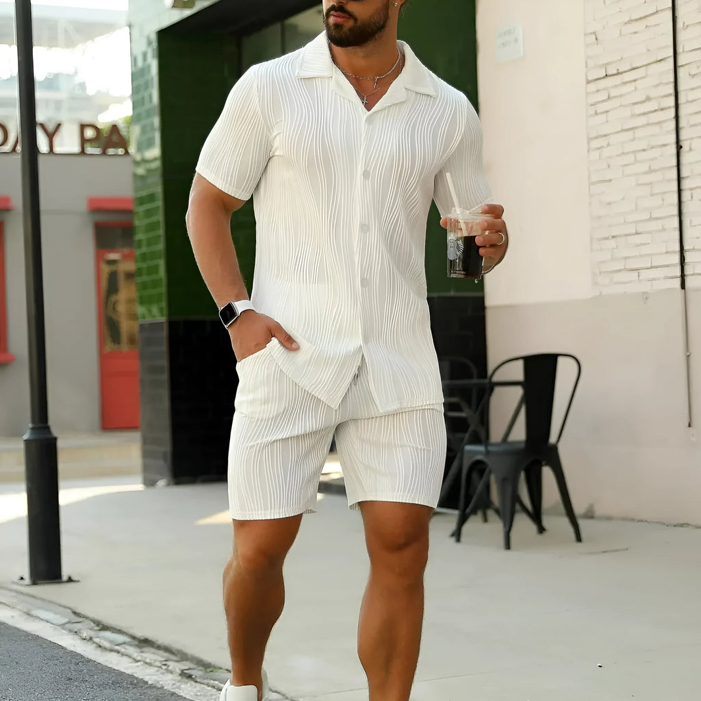 Men's black wave pattern shorts suit with short sleeve top and matching casual shorts
