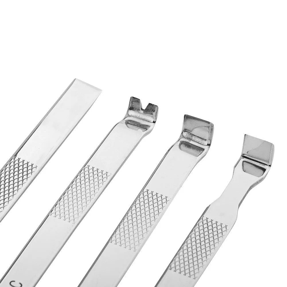 Adjustable metal phone repair fixture with silicone grips and a included prying crowbar tool.