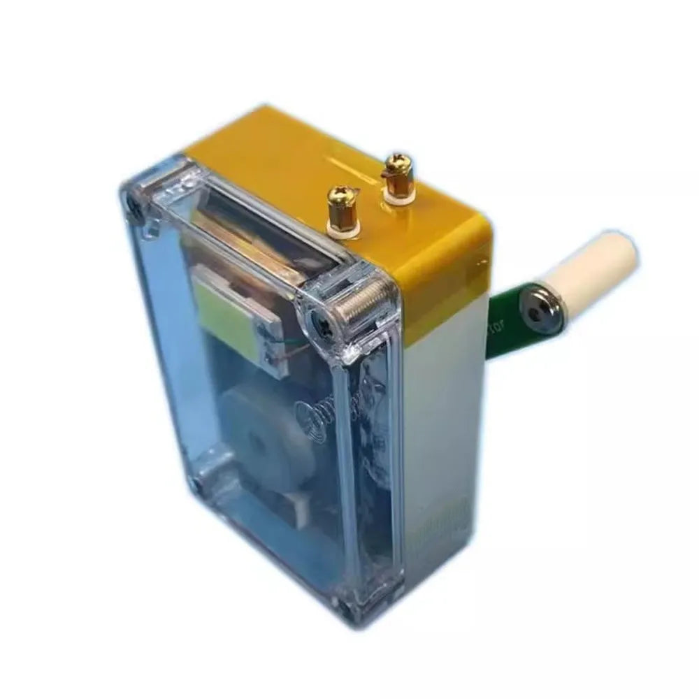 Hand cranked generator with 20F supercapacitor, USB 5V output, digital display, and plastic shell
