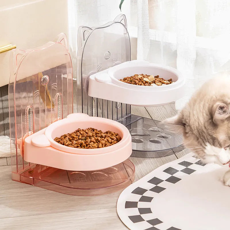 Grey cat bowl with anti-spill neck protection and adjustable height mechanism