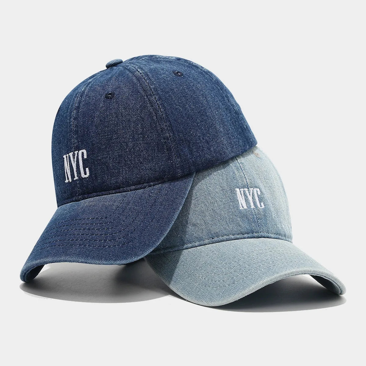 Adjustable denim peaked cap with retro alphabet lettering in black, dark blue and light blue options