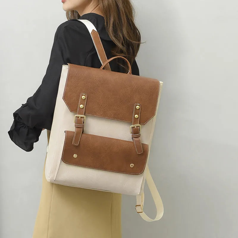 Soft retro style PU backpack shown in black, brown, creamy white, and dark brown colours