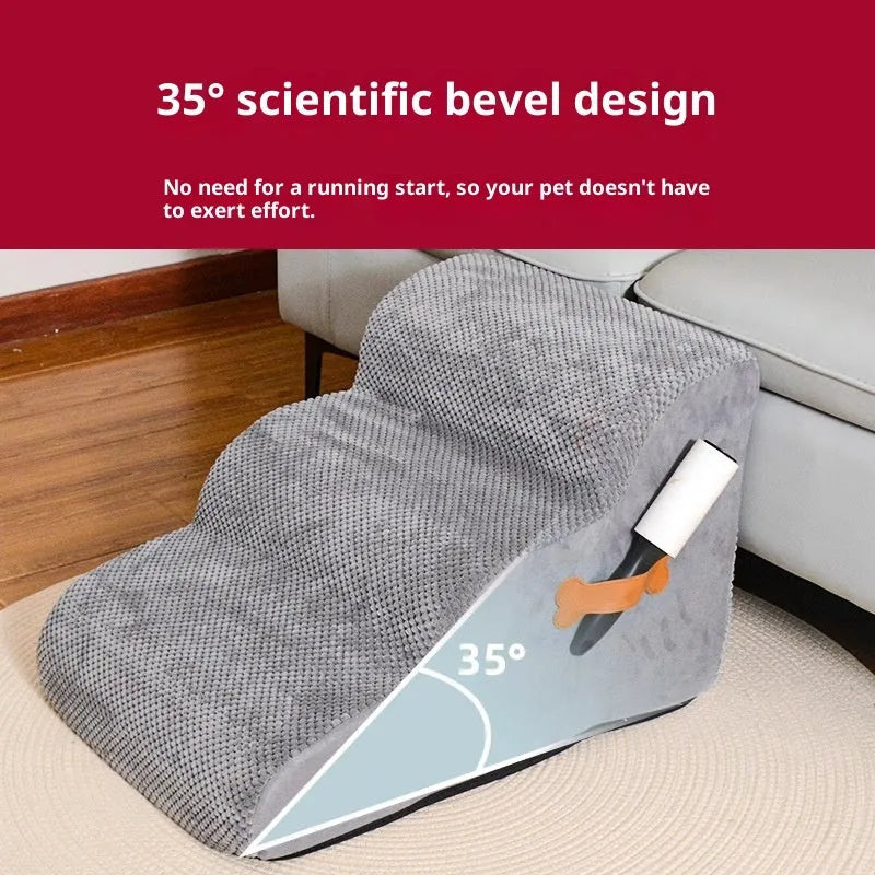 Gray sloped pet stairs for cats and small dogs with removable washable cover, three-level size