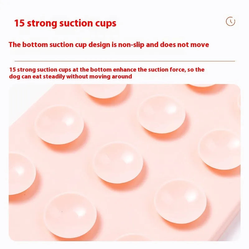 Silicone pet licking mat with suction cup backing in pink, grey and khaki colours