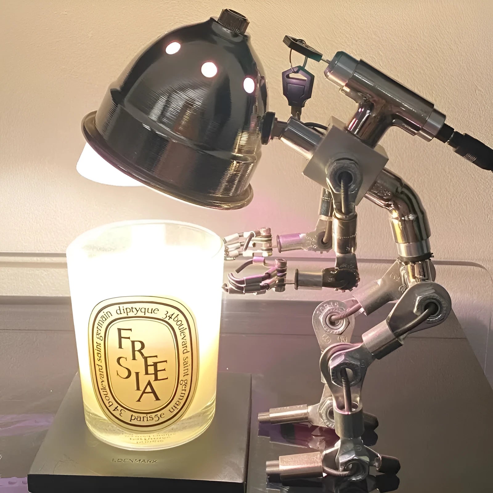 Silver copper robot desk lamp with custom graphics in 22cm or 29cm sizes with UK plug