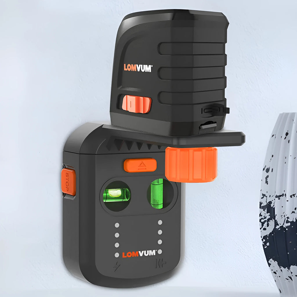 Red laser level and dust collection bracket mounted on an electric hammer drill.