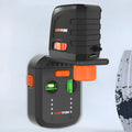 Red laser level and dust collection bracket mounted on an electric hammer drill.
