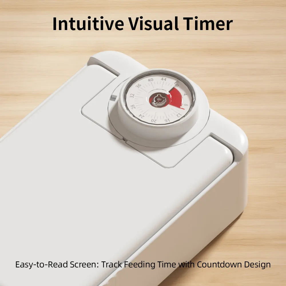 White automatic pet feeder with timer display and removable ice crystal cooling box underneath.