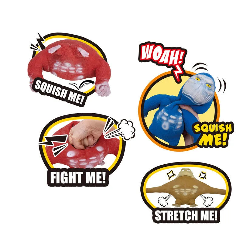 Orangutan decompression squeeze toy in plastic, shown in yellow, blue, and red colour options