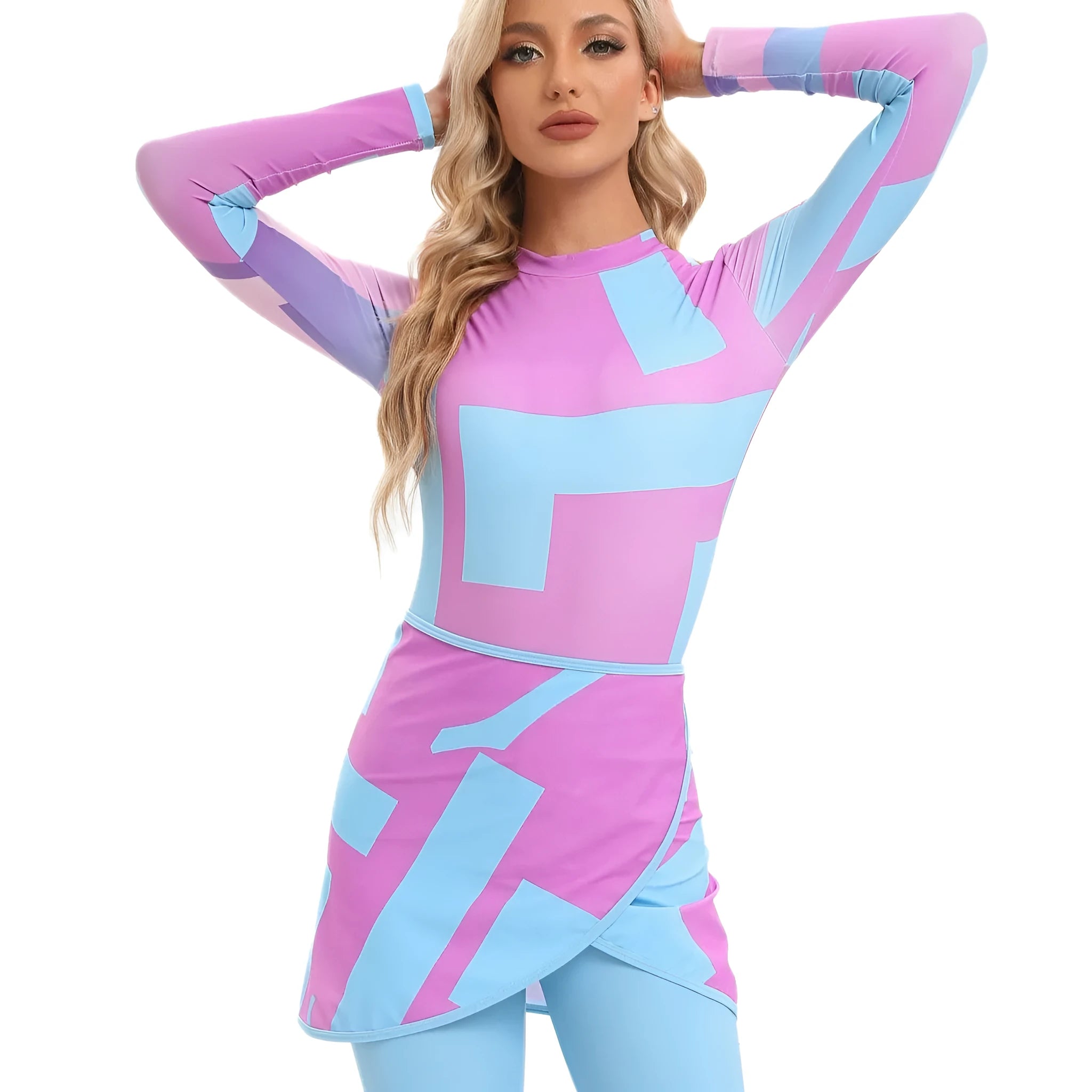 Conservative women's swimsuit three-piece set with apron cover-up in blue colour