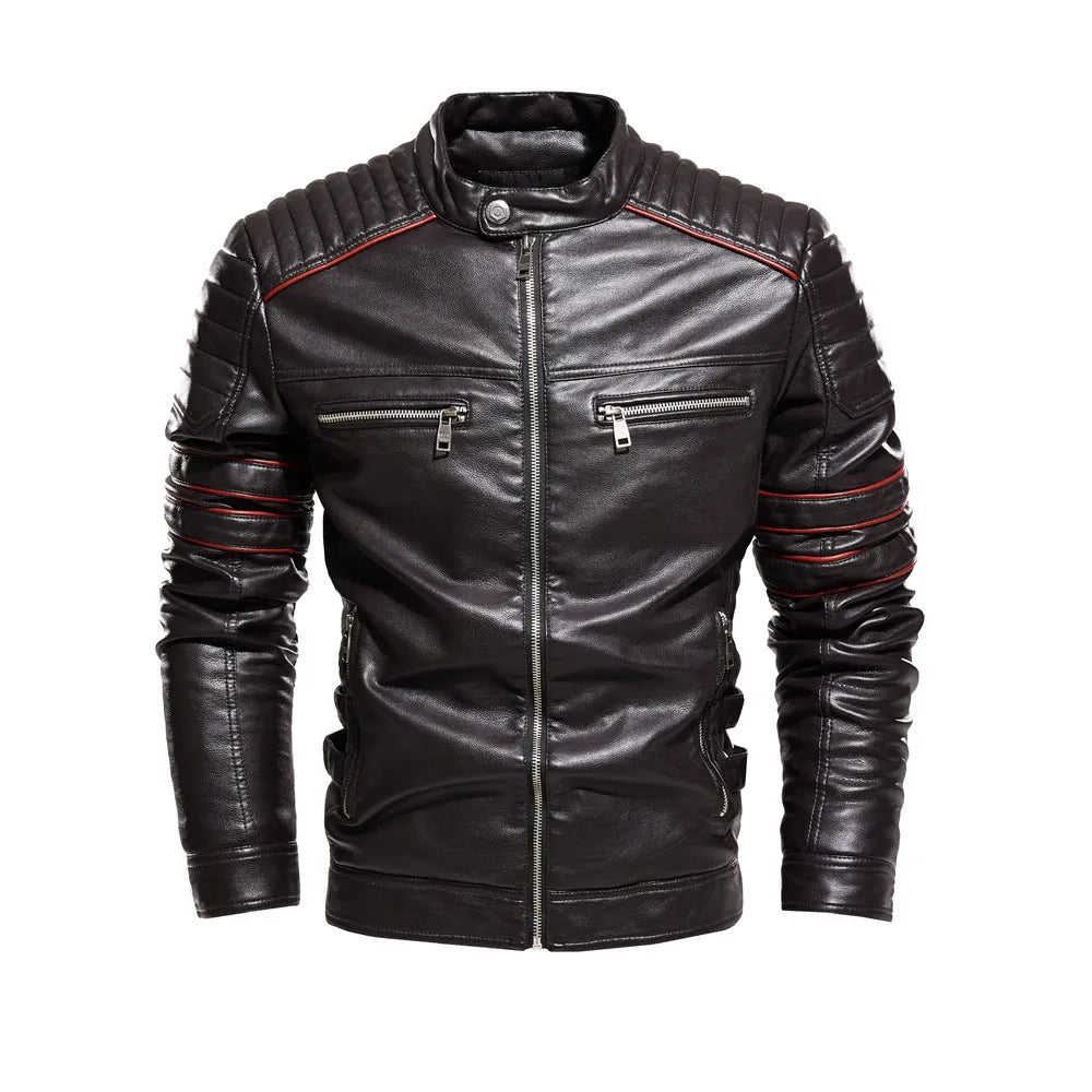 Men motorcycle suit and fleece leather jacket with stand-up collar and velvet lining in black, brown, and red colours
