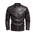 Men motorcycle suit and fleece leather jacket with stand-up collar and velvet lining in black, brown, and red colours