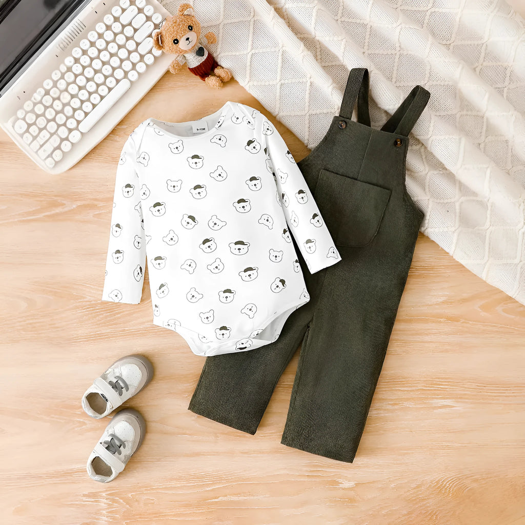 Green bear print long sleeve romper and corduroy suspender trousers two-piece suit for babies 0-18 months