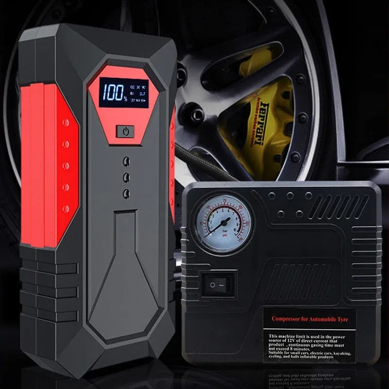 Red 12V car emergency jump starter power bank with battery clamps and charging cable