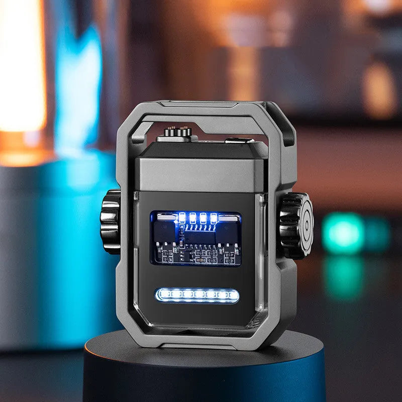 Blue zinc alloy electric arc lighter with a spinning mechanical gyroscope on a black background.